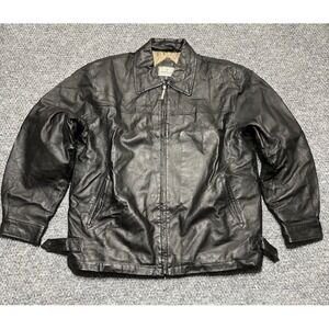 Cougar Leather Black Bomber Jacket Quilted Zip Point Collar Men's Size L Lined